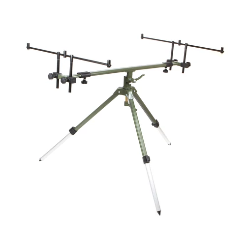 Gyorsan felállítható, masszív CARP ACADEMY Extreme rod pod 360°-ban forgatható vázzal és teleszkópos lábakkal. Stabil hárombotos állvány minden terepviszonyhoz.