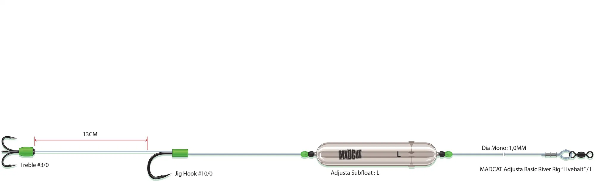 MADCAT Adjusta Basic River Rig Live Bait 160cm/1.00mm/ 2/0+8/0 harcsázó előkötött szerelék